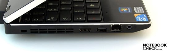 Left side: Kensington Security Slot, Fan, HDMI, USB 2.0, RJ45 (LAN), combi-Audio