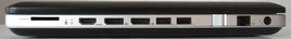 Droite: lecteur de cartes, HDMI, 2x DisplayPort, USB 3.0, USB 2.0, volume, RJ45, secteur