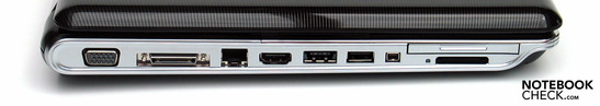 Left side: VGA, docking, LAN, HDMI, eSATA/USB, USB, Firewire, ExpressCard, card reader
