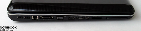 A gauche: 2x USB, LAN, Expansion Port, VGA-Out, HDMI, eSATA, FireWire, Cradreader, ExpressCard