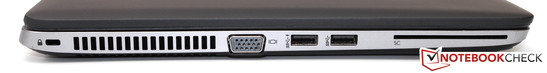 A gauche : verrou Kensington, VGA, 2 ports USB 3.0, lecteur SmartCard