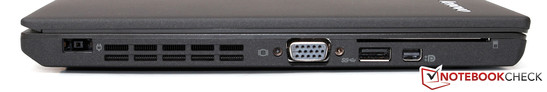 A gauche : connecteur de charge, VGA, USB 3.0, mini-DisplayPort, lecteur SmartCard