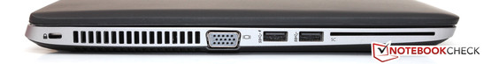 Côté gauche : port sécurité pour câble antivol Kensington, extraction d'air du ventilateur, port VGA, 2 ports USB 3.0 et lecteur de cartes à puce.
