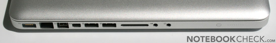 Gauche: MagSafe (alimentation), Gigabit LAN,  Firewire 800, Port Mini Display, 2x USB 2.0, lecteur de carte SD, line-in (analogique/optique - pas de microphone), line-out (analogique/optique), DEL de statut de la batterie