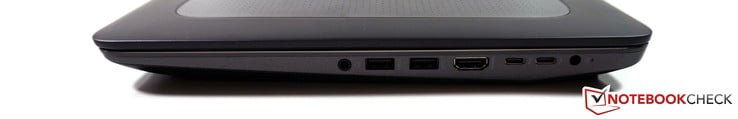 Côté droit : lecteur SmartCard, prise audio 3,5mm, 2x USB 3.0, HDMI, 2x Thunderbolt 3, entrée secteur