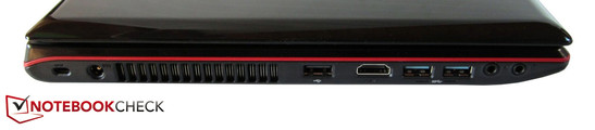 Tranche gauche : port sécurité Kensington, prise d'alimentation, USB 2.0, HDMI, 2x USB 3.0, 2x ports audio.