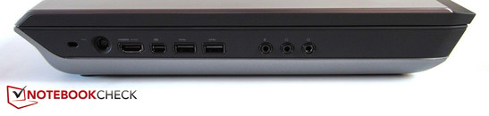 Côté gauche : port sécurité Kensington, prise d'alimentation, HDMI, mini DisplayPort, 2x USB 3.0, 3x prises audio.