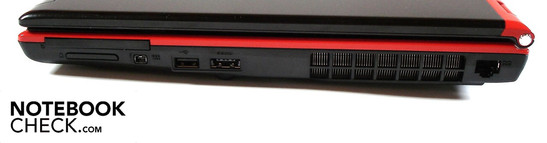 Right: ExpressCard slot, card reader, FireWire, USB 2.0, eSATA/USB 2.0, Gigabit LAN