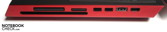 Right side: 54 mm ExpressCard, 9-in-1 cardreader, 2x USB 2.0, eSATA / USB 2.0, HDMI-in