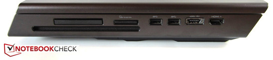 Coté droit: lecteur de disques, ExpressCard (54 mm), lecteur de cartes 9-en-1, 2x USB 3.0, eSATA- / USB-2.0-Combo, HDMI-In