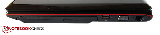 Côté droit : lecteur optiqued, USB 2.0, VGA, RJ-45 LAN.