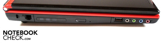 Left: Kensington lock, modem, optical drive, USB 2.0, 4 x audio ports