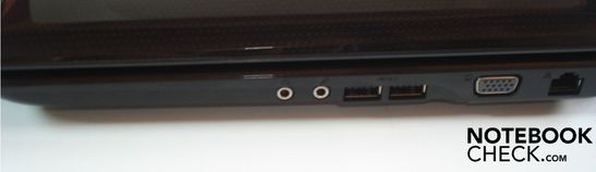 Droite: deux prises audio (écouteur - sortie, microphone - entrée), deux ports USB 2.0, port VGA, Gigabit Lan et alimentation