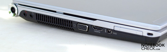 Left side: microphone, headphones, fan, VGA, HDMI, FireWire, ExpressCard/54, Kensington Lock