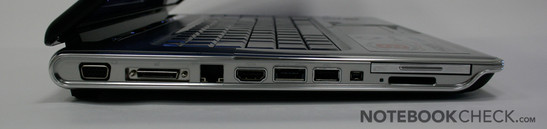 Left Side: Express Card 45, Cardreader (SD, MS (Pro), MMC, xD), FireWire 400, USB, eSata (with integrated USB), HDMI, LAN, Docking Station, VGA