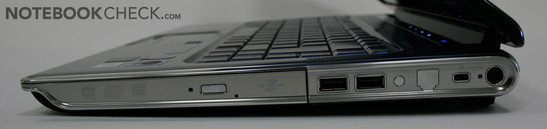 Right Side: DVD Drive, 2x USB, Kensington Lock, Power Connector (not implemented: Modem, Antenna)