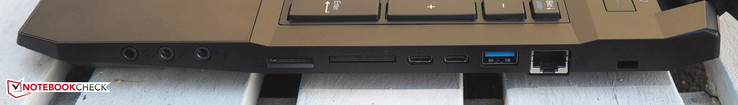 right: 3x audio, SIM, card reader, 2x USB 3.1 Gen2 Typ C, USB 3.0, RJ45-LAN, Kensington