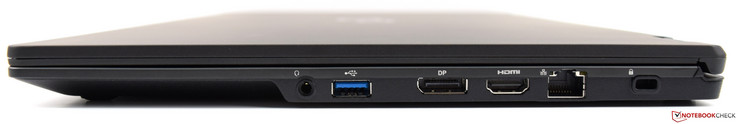 Côté droit : combo audio jack, USB A 3.0, DisplayPort, HDMI, Ethernet, verrou de sécurité Kensington.