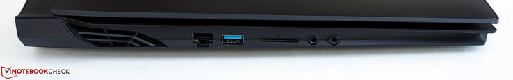 Côté gauche : LAN RJ45, USB A 3.0, lecteur de carte, jack écouteur, jack microphone.