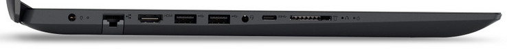 Côté gauche: Prise d'alimentation, Gigabit-Ethernet, HDMI, 2x USB 3.0, combo audio 3,5 mm, USB 3.1 Gen 1 (Type-C), lecteur de carte SD