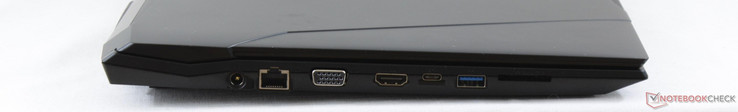 Côté gauche : entrée secteur, RJ-45 Gigabit, VGA, HDMI, USB C 3.1 Gen 2, USB 3.0, lecteur de cartes SD.