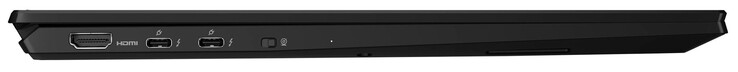 Côté gauche : HDMI, 2x Thunderbolt 4 (USB-C ; Power Delivery, Displayport), commutateur de webcam