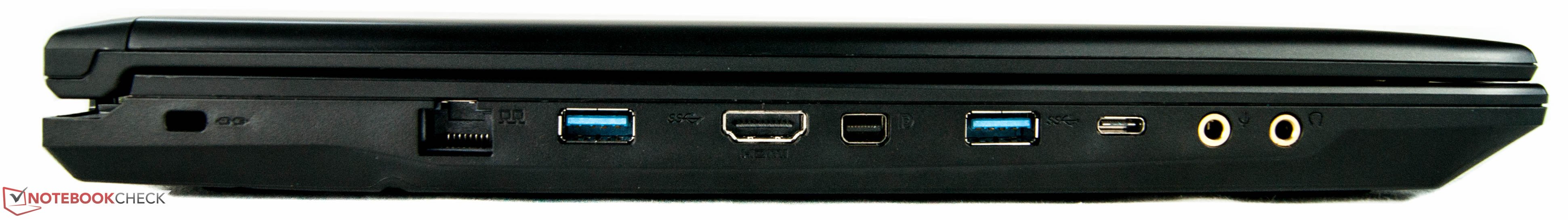 Côté gauche : verrou Kensington, Ethernet, USB 3.0, HDMI, Mini Display Port, USB 3.0, USB type C, entrée micro, sortie écouteurs.