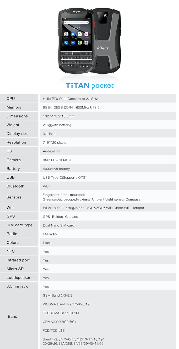 Les spécifications complètes de la Titan Pocket. (Source : Unihertz)