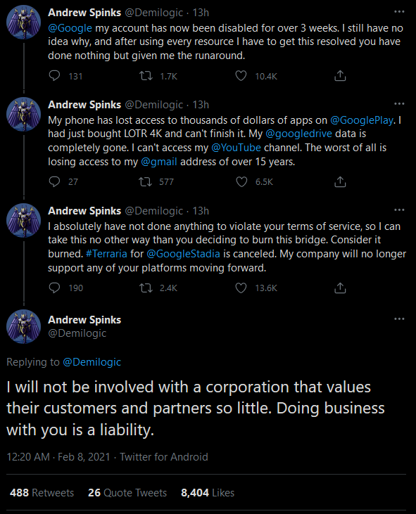 Andrew Spinks (@Demilogic) a excorié Google sur Twitter.