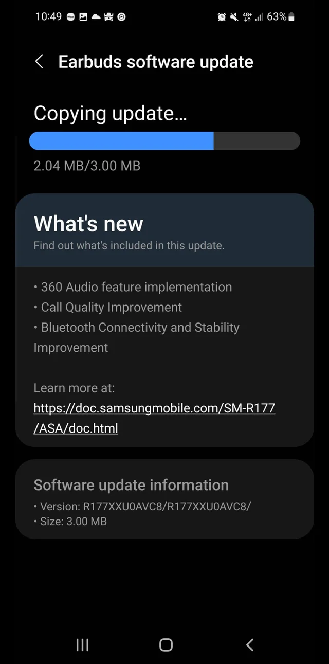 Le nouvel écran de mise à jour du Galaxy Buds2. (Source : Samsung via Reddit)