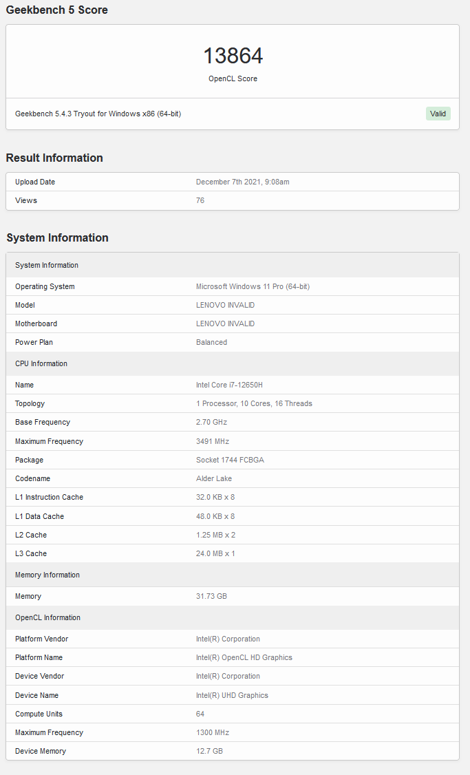 Intel Core i7-12650H sur Geekbench (image via Geekbench)