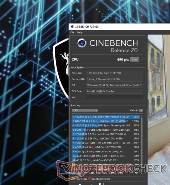 Intel Core i7-11375H Cinebench R20 score unique.