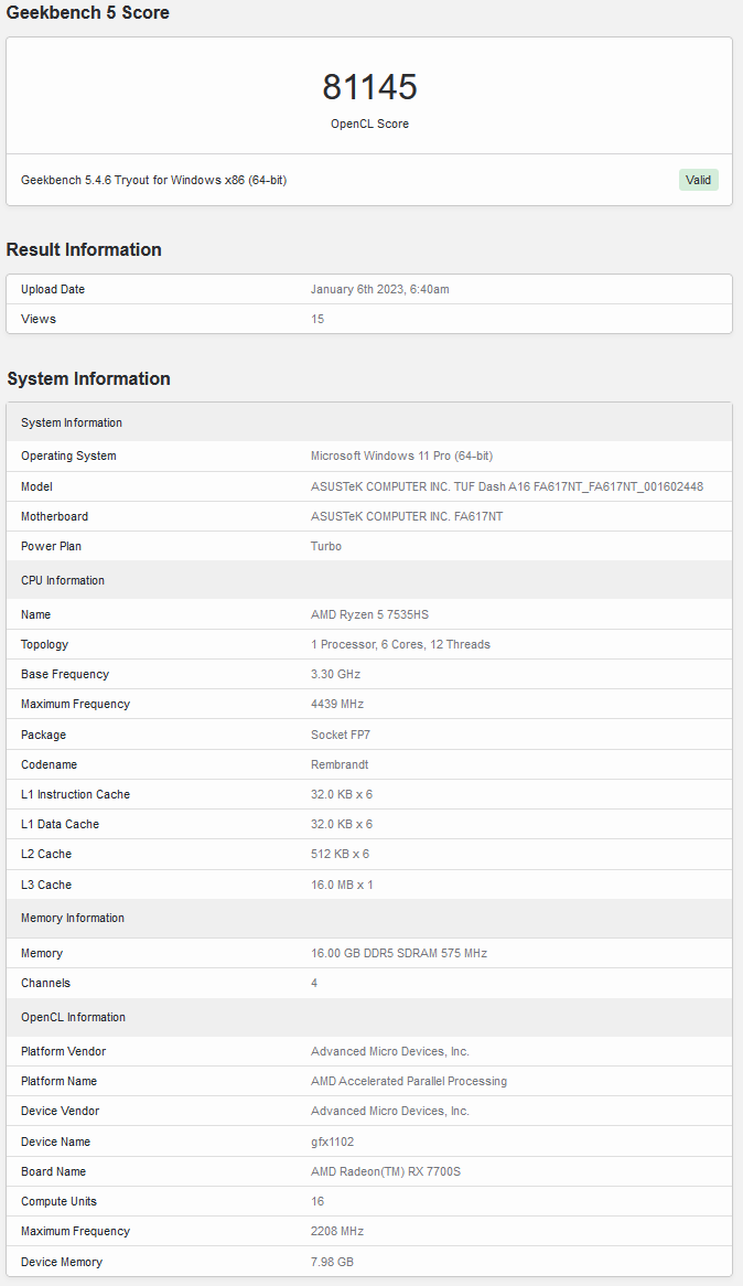 Score Geekbench OpenCL de l'AMD Radeon RX 7700S (image via Geekbench)