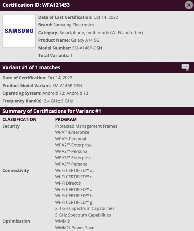 Le Galaxy A14 5G saute un certain nombre d'étapes de fuite et passe directement à une certification officielle. (Source : Wi-Fi Alliance)