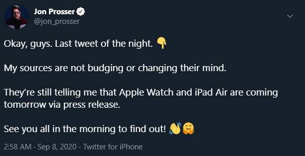 The Apple Watch Series 6 and new iPad Air were due today, according to Jon Prosser. (Image source: @jon_prosser)