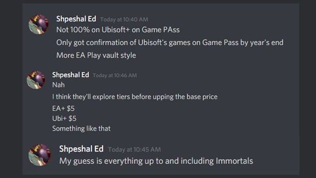La prédiction de Shpeshal Ed, Xbox Insider, concernant l'arrivée des jeux Ubisoft sur Xbox Game Pass (image via AltChar)