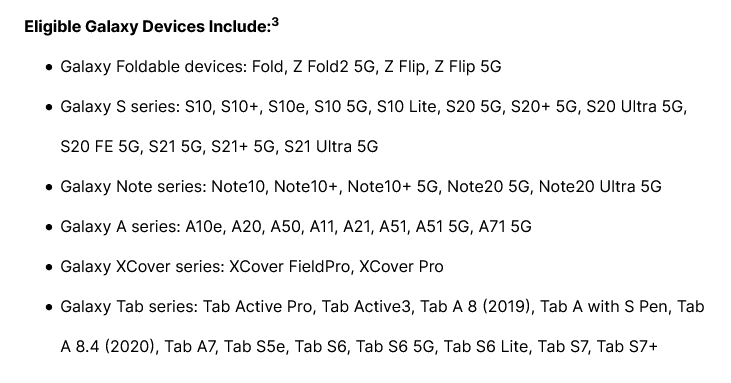 La liste des smartphones Samsung qui sont éligibles pour une assistance logicielle de quatre ans (image via Samsung)