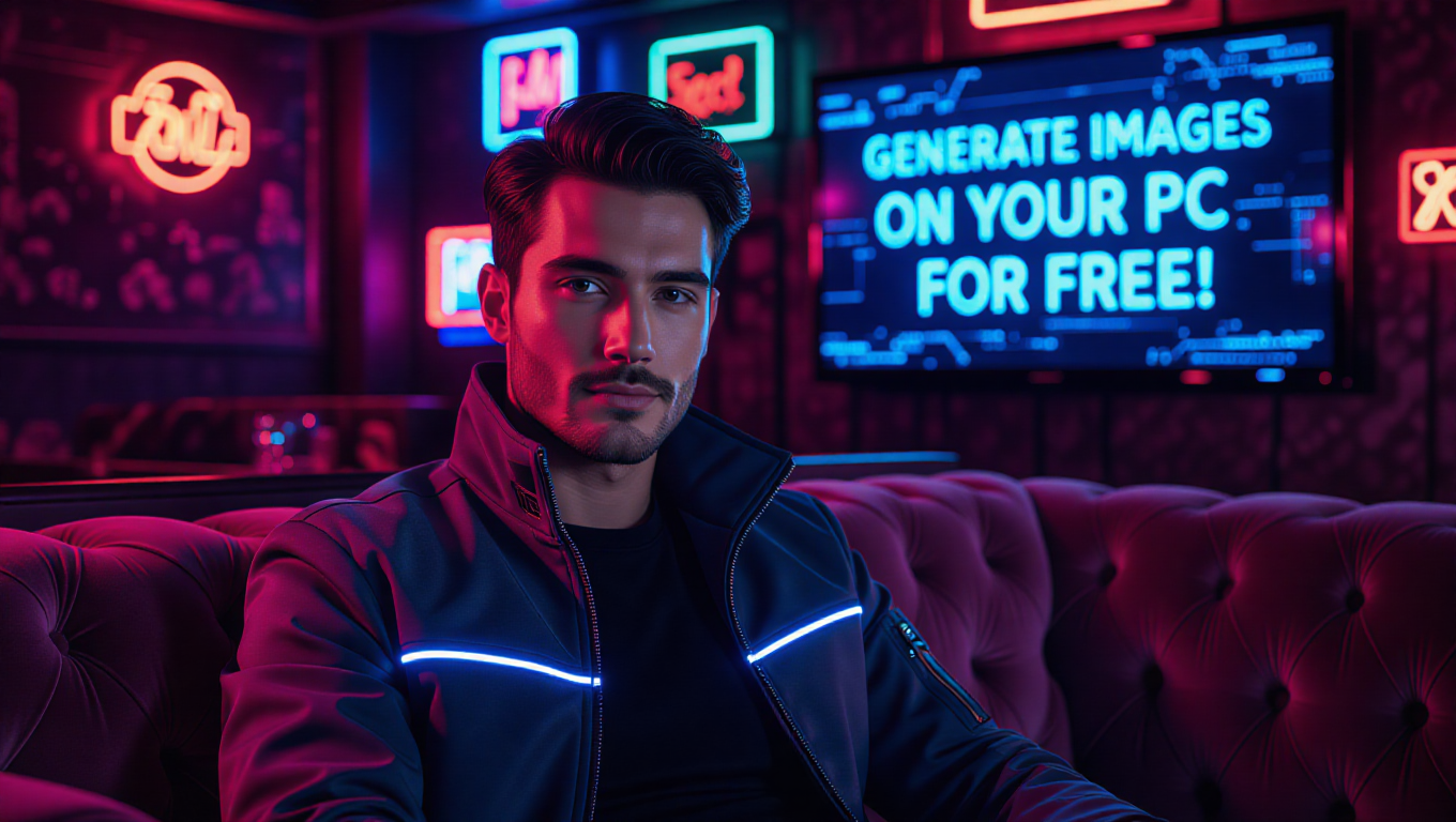Image générée par l'IA d'un homme vêtu d'une veste cyberpunk éclairée au néon, assis sur un canapé dans un club chic. Derrière lui, un téléviseur indique : "GÉNÉREZ DES IMAGES SUR VOTRE PC GRATUITEMENT" (Source de l'image : AI Generated)