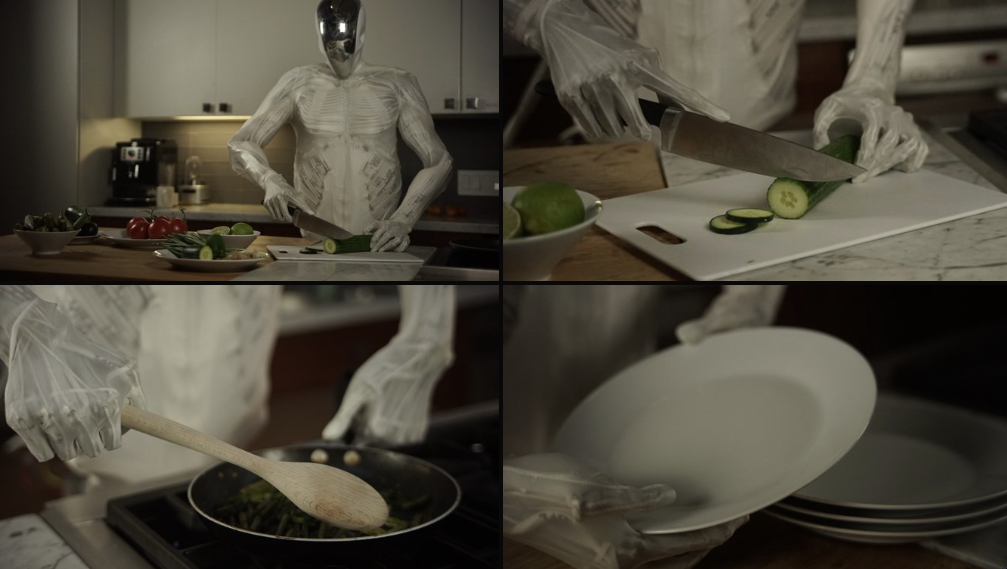 Images du deuxième torse du Protoclone, dont l'abdomen actionné le distingue de son prédécesseur, montrant son potentiel humain dans la cuisine (Source d'image : Clone Robotics)