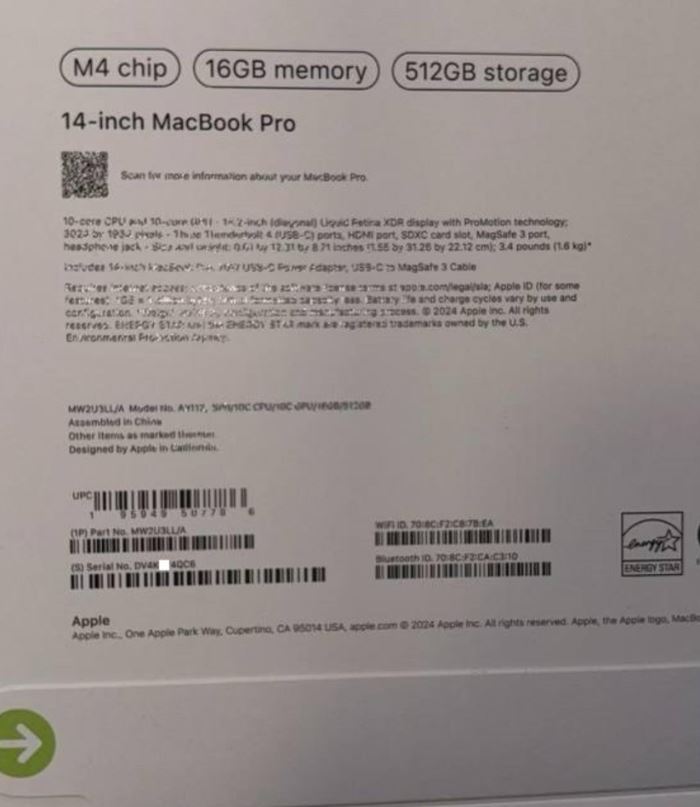 La fuite de l'image de la boîte du MacBook Pro M4 indique une mémoire de base plus élevée. (Source de l'image : ShrimpApplePro via Twitter)