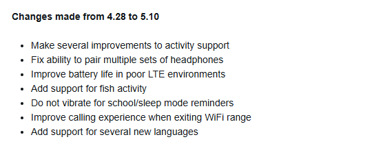 Le journal des modifications de la version 5.10 du logiciel de la smartwatch Garmin Bounce 2. (Source de l'image : Garmin)