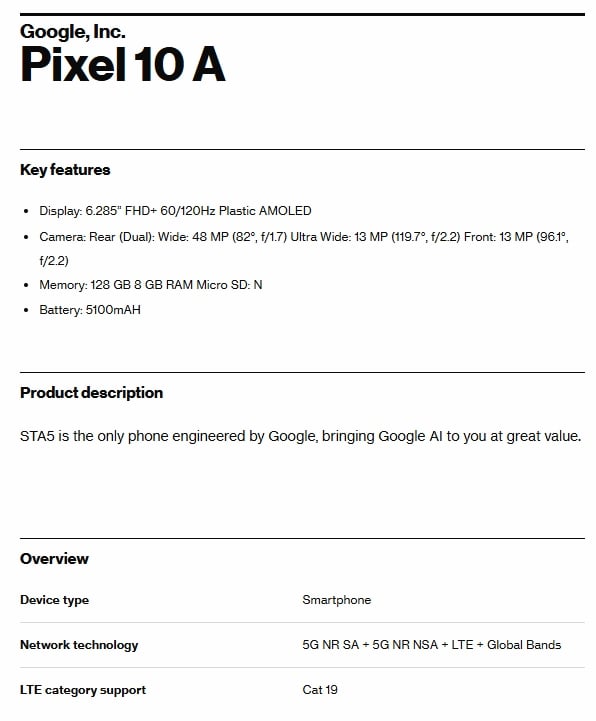 Certification présumée du Google Pixel 10a sur Verizon (Image source : Evan Blass)