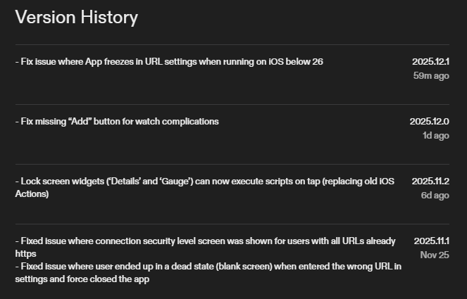 L'historique des versions récentes de l'application Home Assistant iOS. (Source de l'image : capture d'écran de Apple App Store)