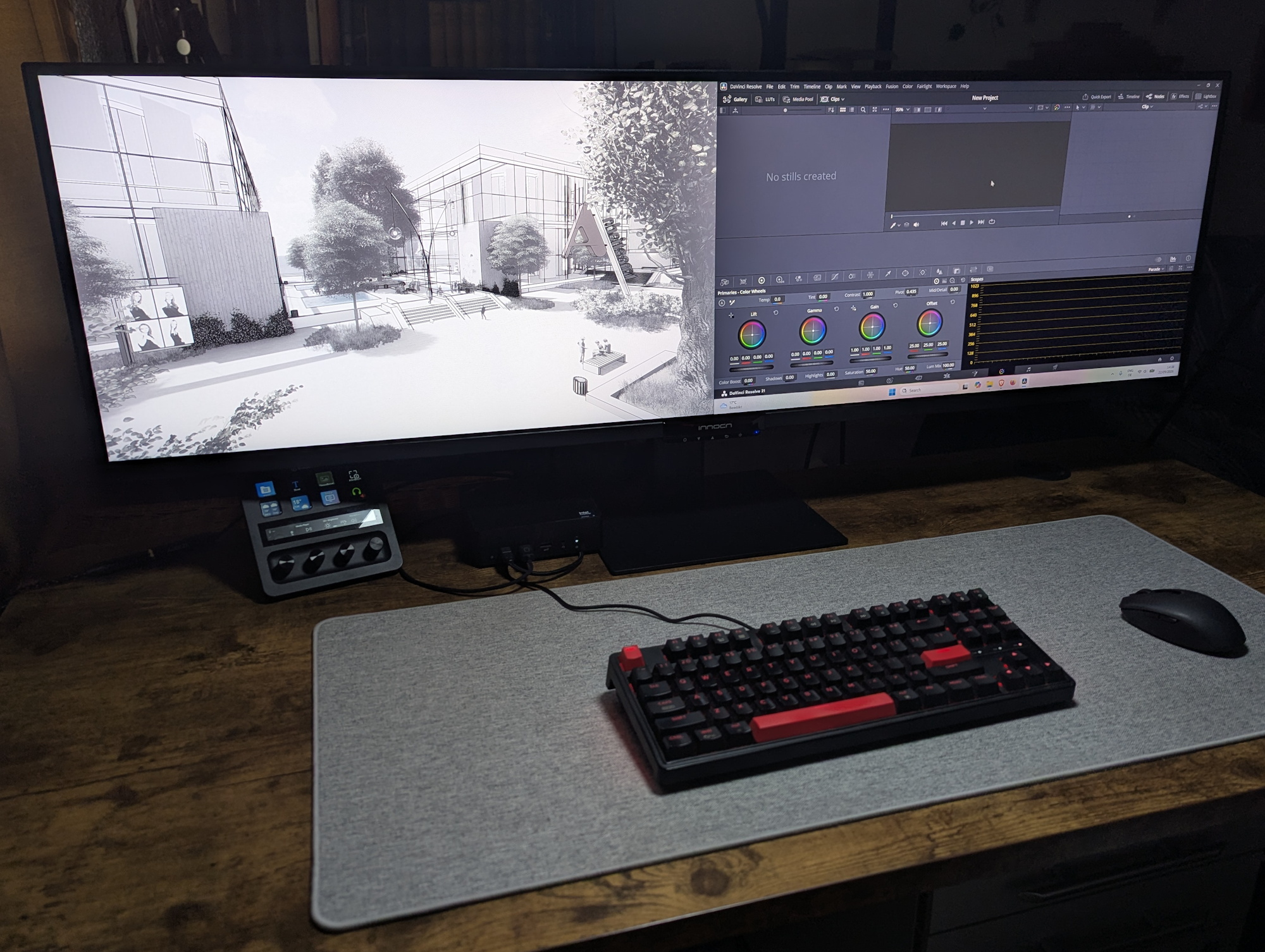 L'Innocn E49M1R affiche un dessin technique à gauche et DaVinci Resolve à droite.