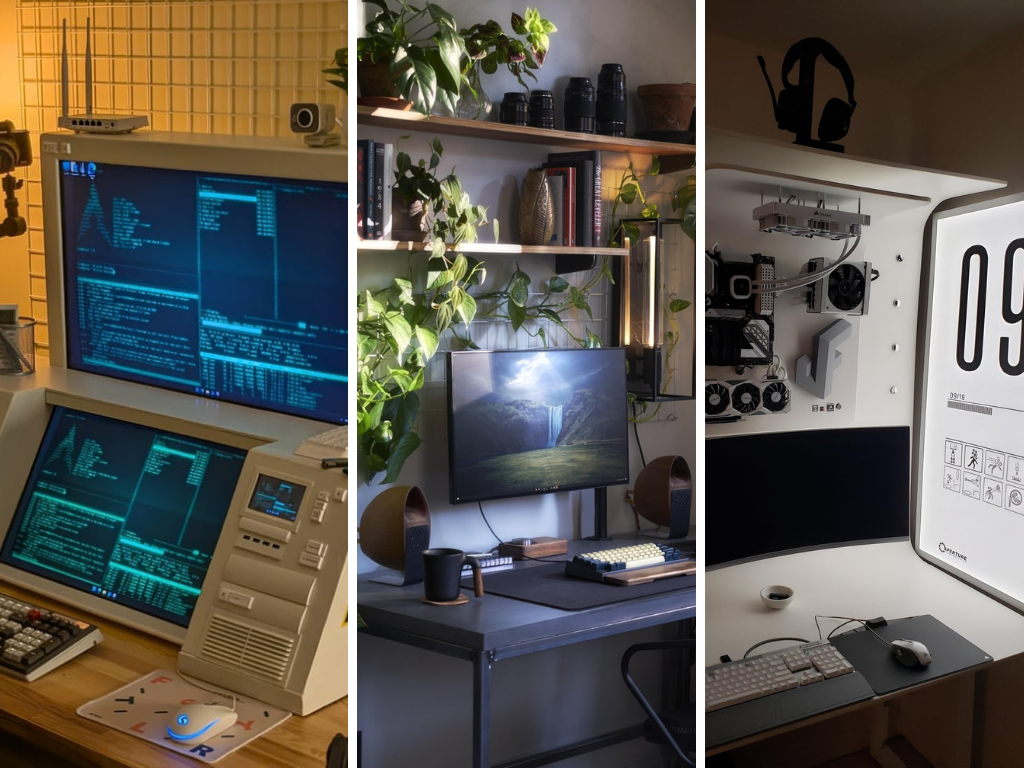 Sur r/battlestations, vous trouverez des constructions rétro-futuristes qui se contentent d'être esthétiques, ainsi que des configurations fonctionnelles dotées d'une grande puissance de calcul. Ci-contre, trois configurations différentes sur le subreddit. (Source de l'image : r/battlestations - Modifié)