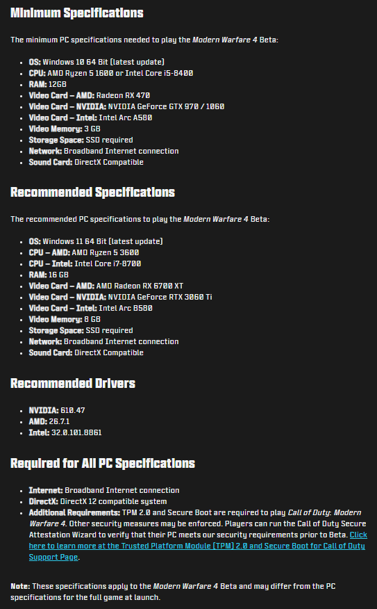 Une capture d'écran des configurations matérielles et logicielles requises pour Call of Duty : Modern Warfare 4, telle que publiée par Activision
