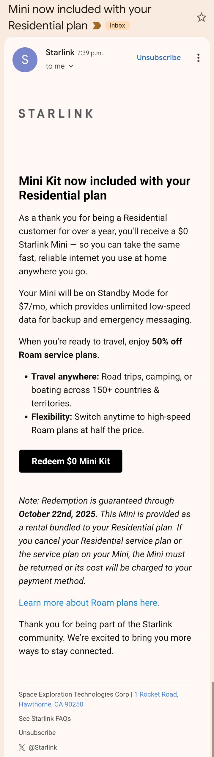 SpaceX envoie un courriel surprise à certains clients résidentiels de longue date, leur offrant un Mini Kit gratuit. (Source de l'image : Mathew Manuel Santos sur Facebook)