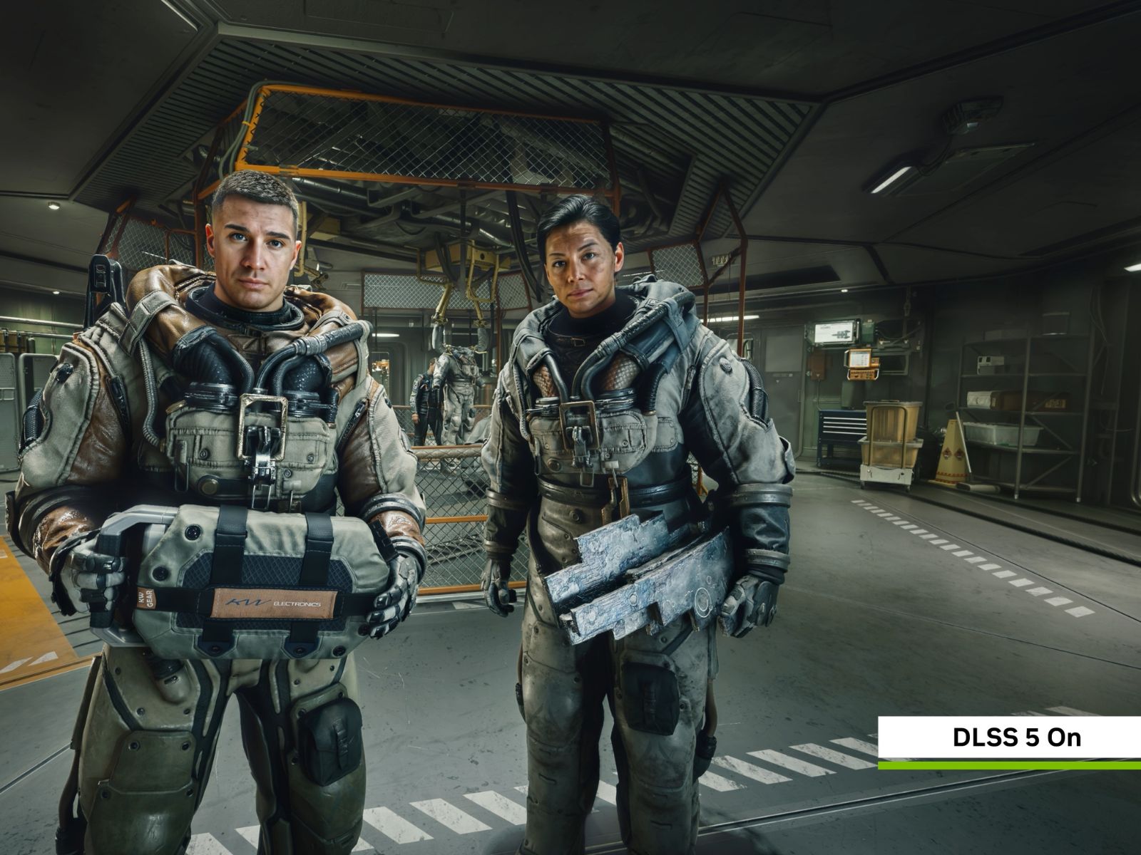 Deux personnages de Starfield dans une installation futuriste avec la technologie Nvidia DLSS 5 activée