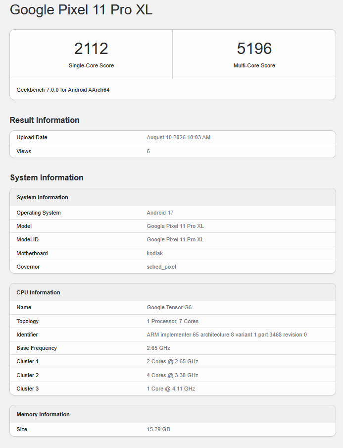 Fiche Geekbench du Google Tensor G6