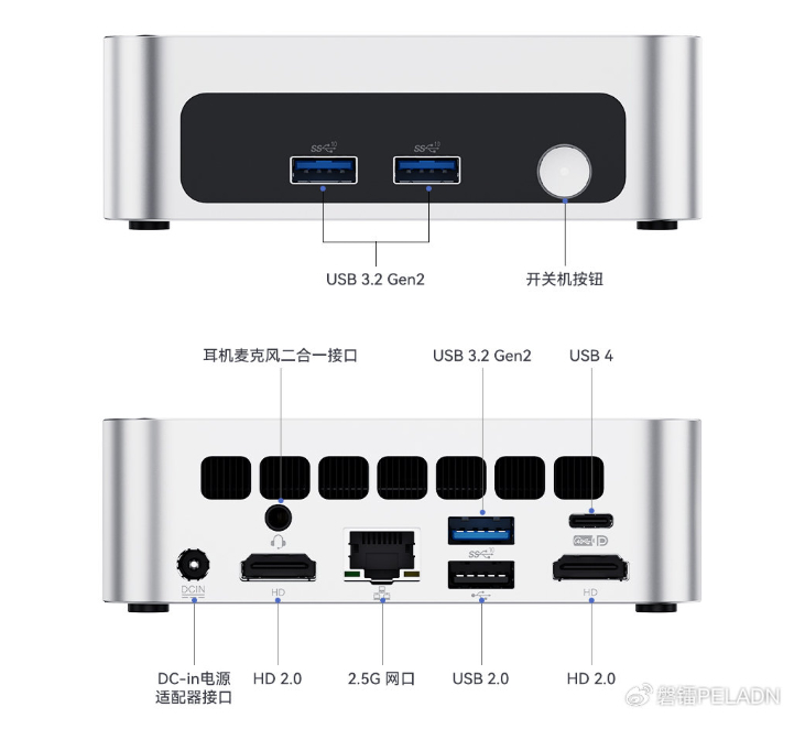 Le nouveau mini-PC Peladn WO5 dispose d’un ensemble de ports relativement complet compte tenu de son prix.